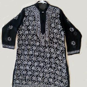 WHITE ON BLACK - Luxurious Sheer Kurta for Men or Women. Very fine embroidery
